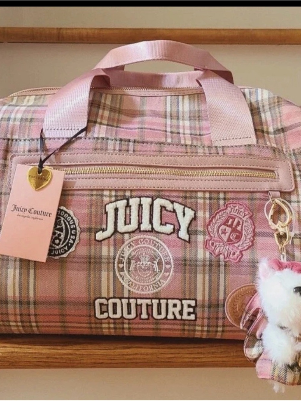 Juicy Couture Pink Plaid Travel Duffel with Embroidered Logos